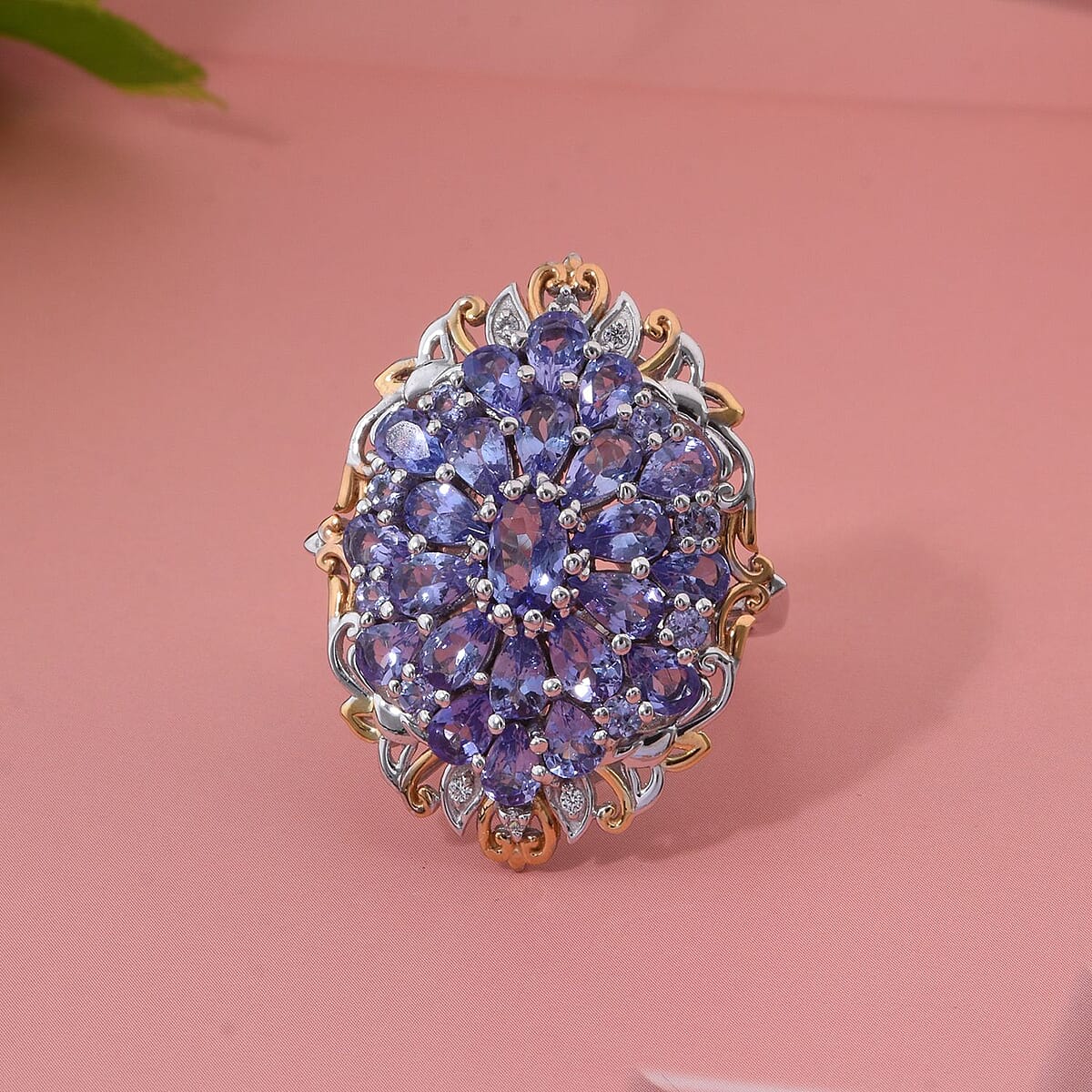 Tanzanite and White Zircon 4.50 ctw Floral Ring in Vermeil YG and Rhodium Over Sterling Silver (Size 7.0) image number 1