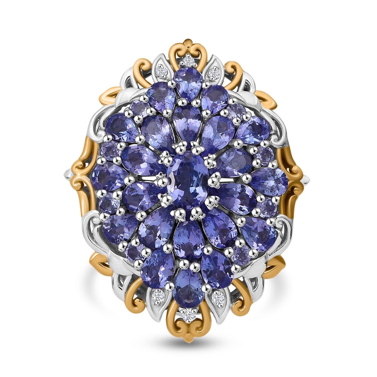 Tanzanite and White Zircon 4.50 ctw Floral Ring in Vermeil YG and Rhodium Over Sterling Silver (Size 8.0) image number 0