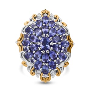 Tanzanite and White Zircon 4.50 ctw Floral Ring in Vermeil YG and Rhodium Over Sterling Silver (Size 8.0)