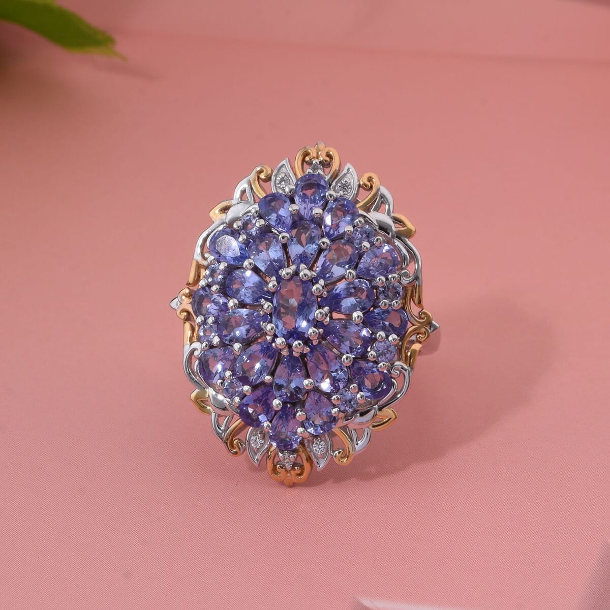 Tanzanite and White Zircon 4.50 ctw Floral Ring in Vermeil YG and Rhodium Over Sterling Silver (Size 8.0) image number 1