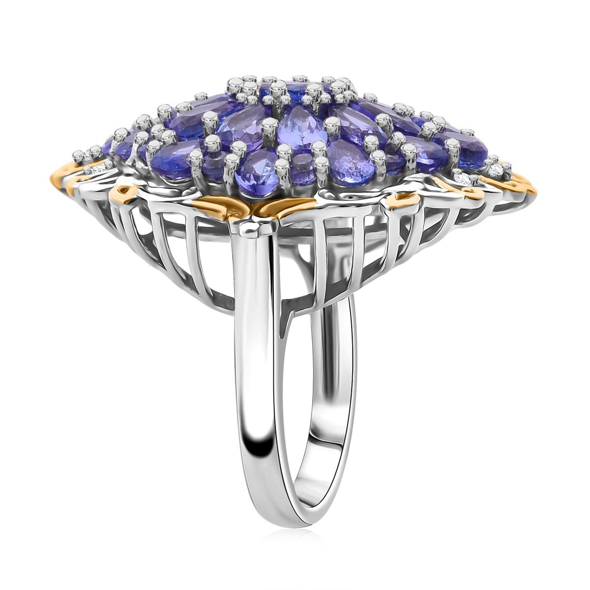 Tanzanite and White Zircon 4.50 ctw Floral Ring in Vermeil YG and Rhodium Over Sterling Silver (Size 8.0) image number 3