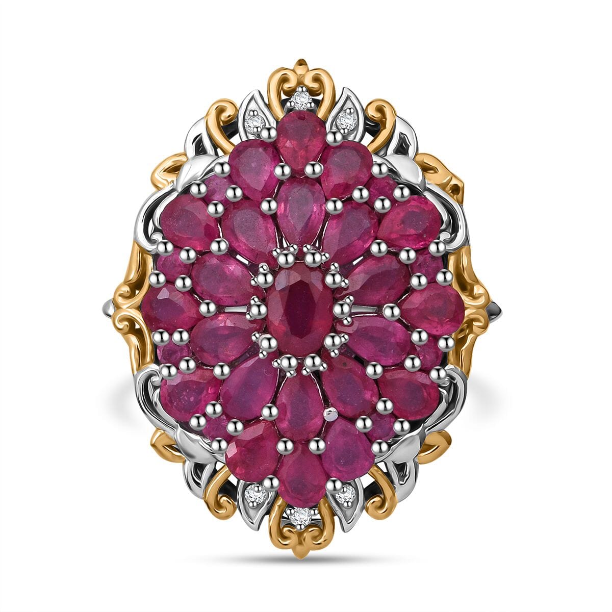 Niassa Ruby (FF) and White Zircon 6.40 ctw Floral Ring in Vermeil YG and Rhodium Over Sterling Silver (Size 8.0) image number 0