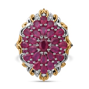 Niassa Ruby (FF) and White Zircon 6.40 ctw Floral Ring in Vermeil YG and Rhodium Over Sterling Silver (Size 8.0)