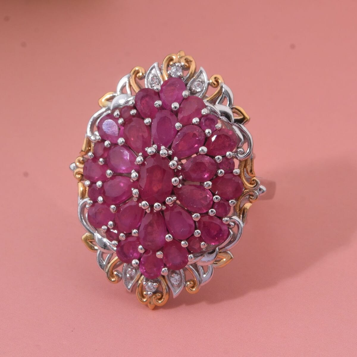 Niassa Ruby (FF) and White Zircon 6.40 ctw Floral Ring in Vermeil YG and Rhodium Over Sterling Silver (Size 8.0) image number 1