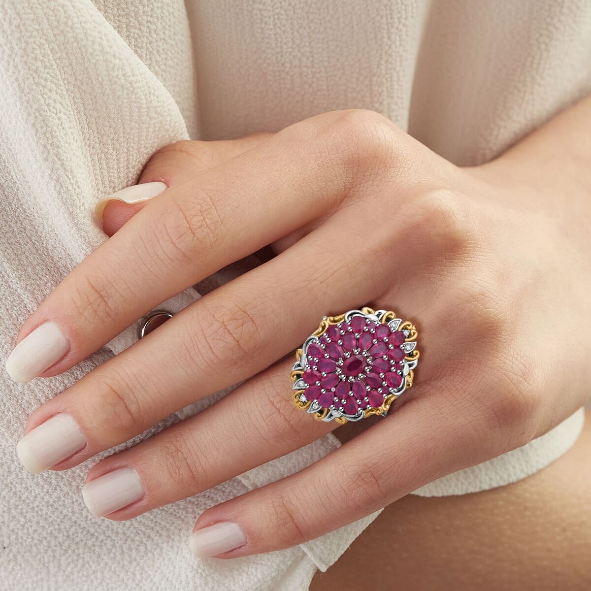 Niassa Ruby (FF) and White Zircon 6.40 ctw Floral Ring in Vermeil YG and Rhodium Over Sterling Silver (Size 8.0) image number 2