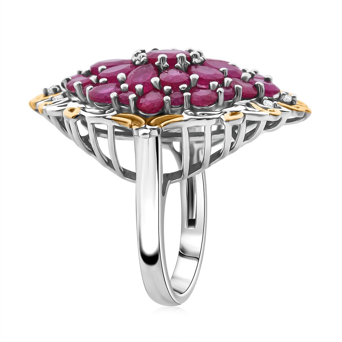 Niassa Ruby (FF) and White Zircon 6.40 ctw Floral Ring in Vermeil YG and Rhodium Over Sterling Silver (Size 8.0) image number 3