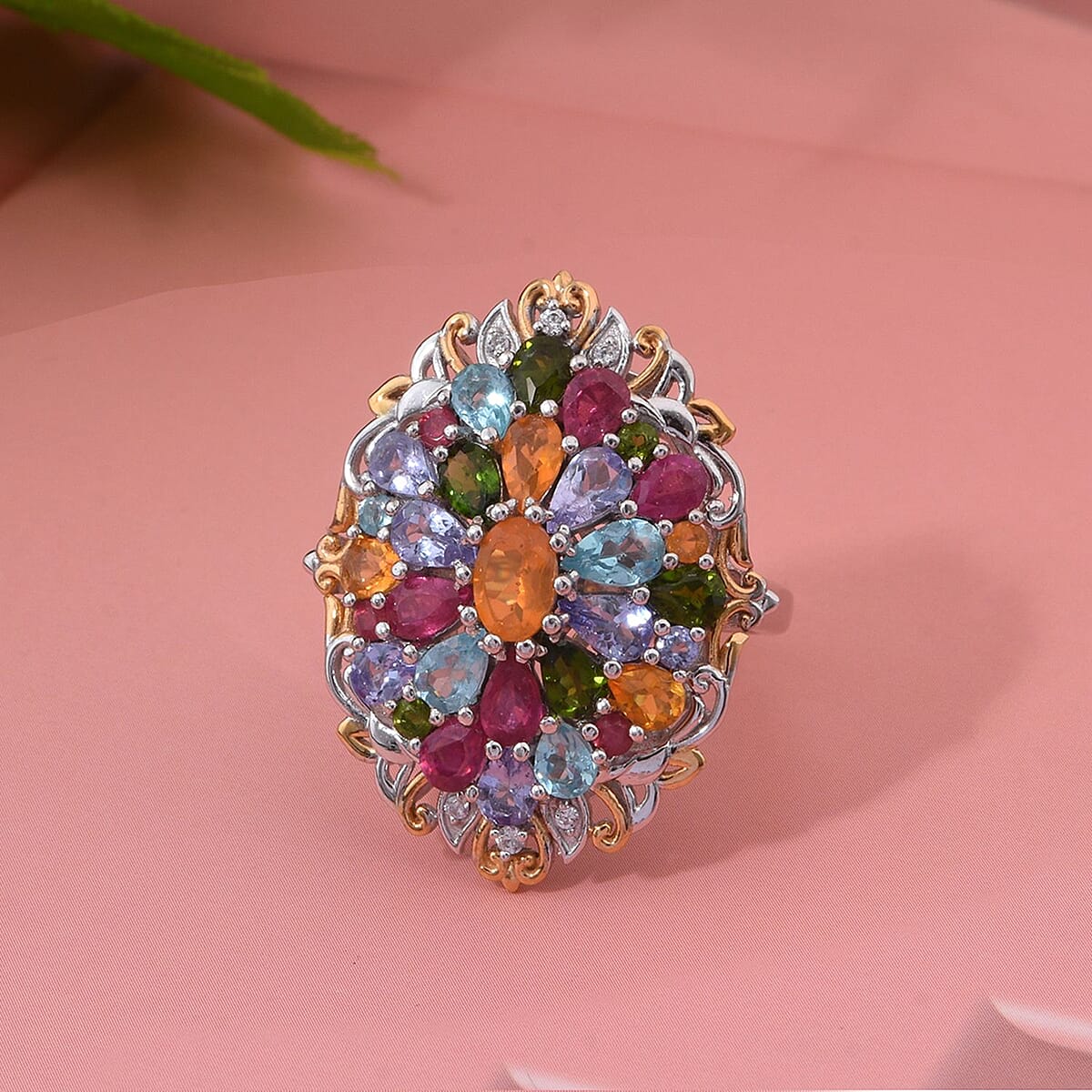Multi Gemstone 4.70 ctw Floral Ring in Vermeil YG and Rhodium Over Sterling Silver (Size 6.0) image number 1