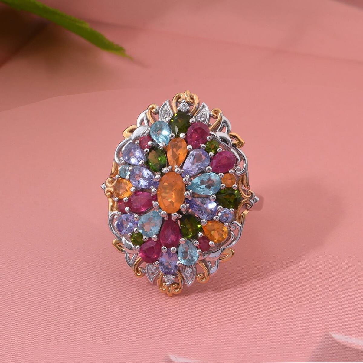Multi Gemstone 4.70 ctw Floral Ring in Vermeil YG and Rhodium Over Sterling Silver (Size 8.0) image number 1