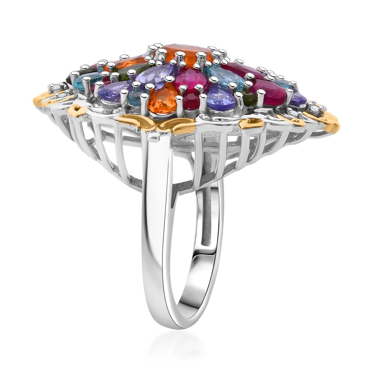 Multi Gemstone 4.70 ctw Floral Ring in Vermeil YG and Rhodium Over Sterling Silver (Size 8.0) image number 3
