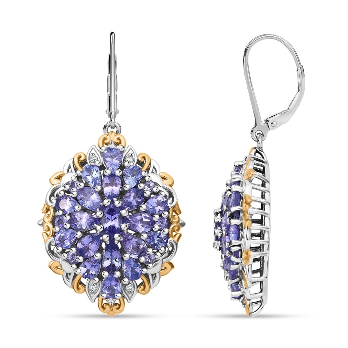 Tanzanite and White Zircon 7.25 ctw Floral Earrings in Vermeil YG and Rhodium Over Sterling Silver image number 0