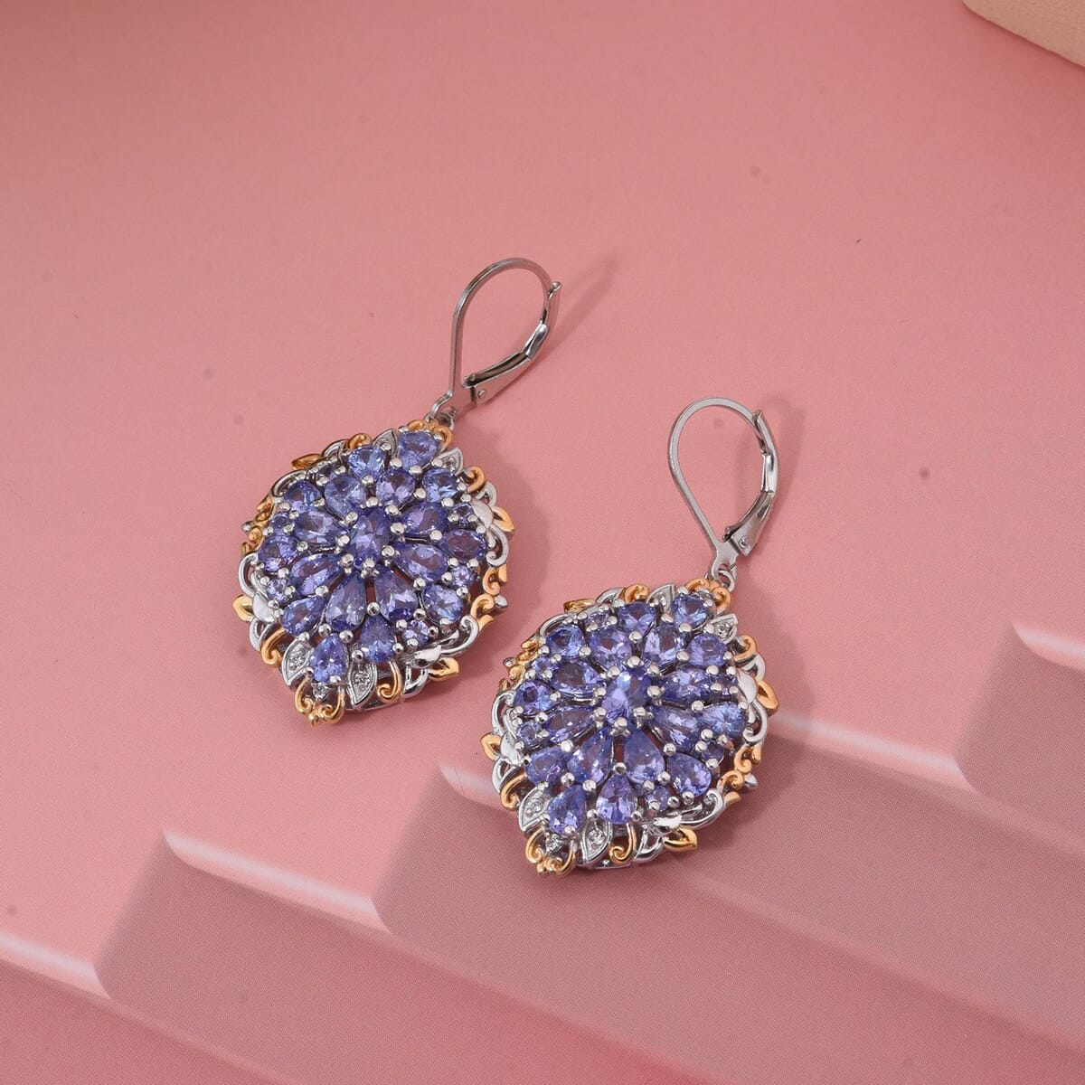 Tanzanite and White Zircon 7.25 ctw Floral Earrings in Vermeil YG and Rhodium Over Sterling Silver image number 1