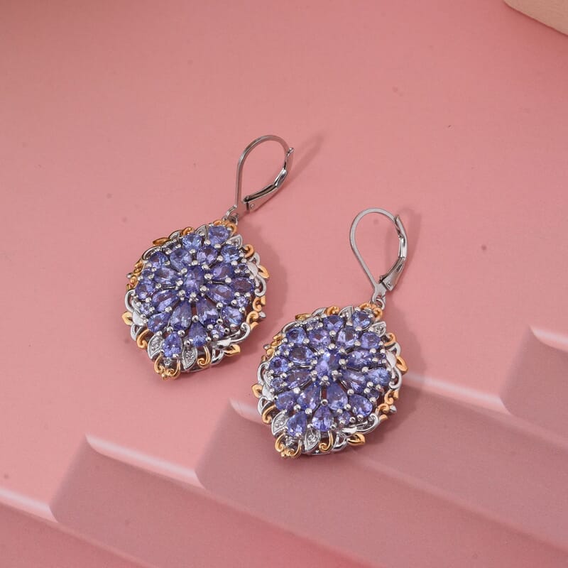 Tanzanite and White Zircon 7.25 ctw Floral Earrings in Vermeil YG and Rhodium Over Sterling Silver