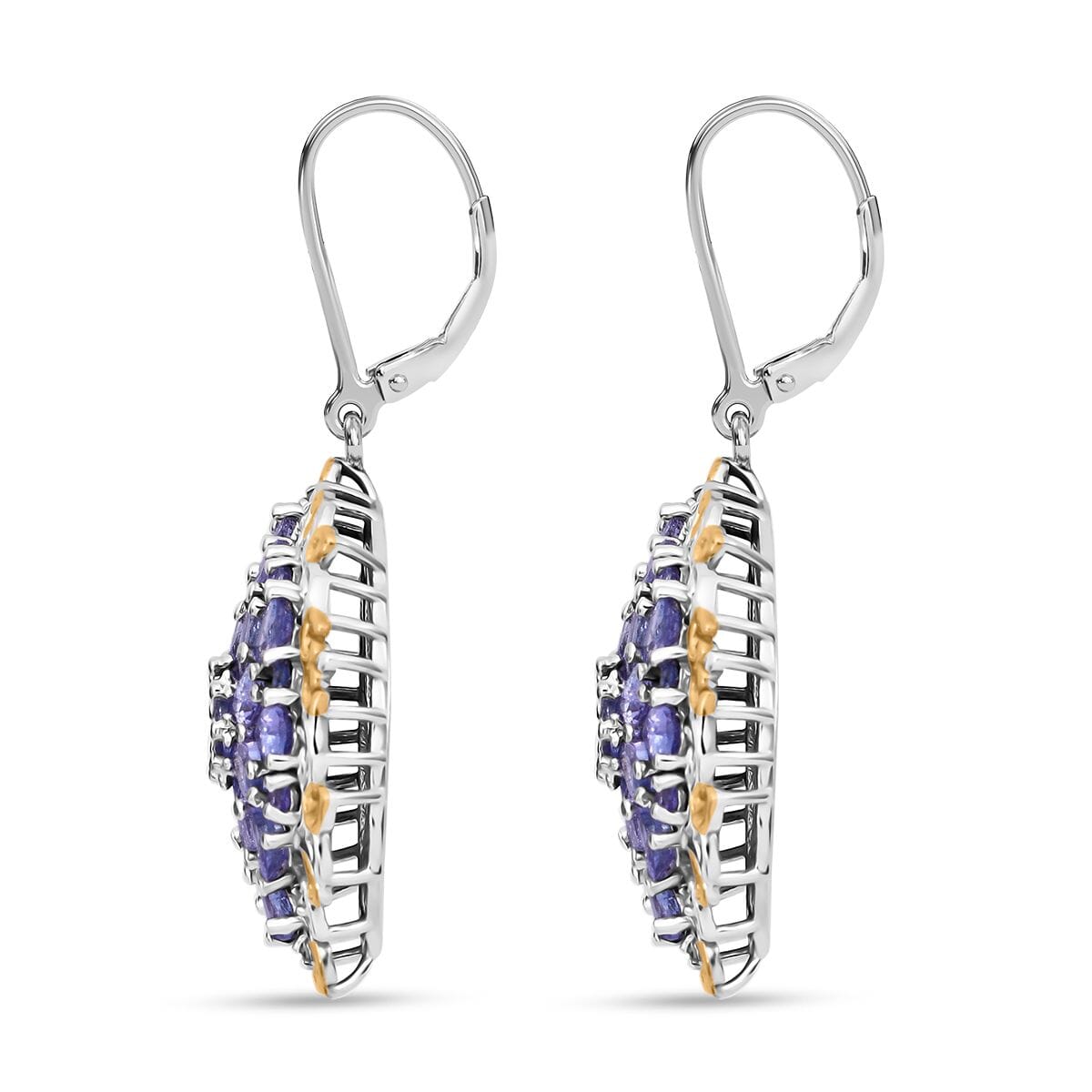 Tanzanite and White Zircon 7.25 ctw Floral Earrings in Vermeil YG and Rhodium Over Sterling Silver image number 3