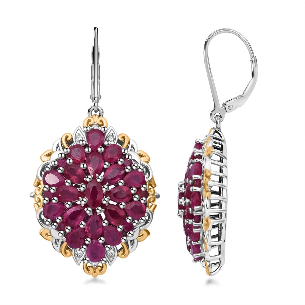 Niassa Ruby (FF) and White Zircon 10.20 ctw Floral Earrings in Vermeil YG and Rhodium Over Sterling Silver image number 0