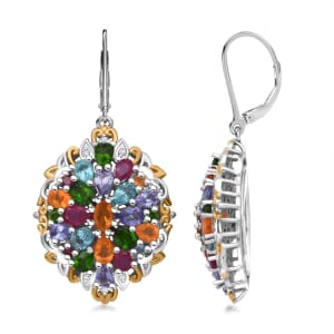 Multi Gemstone and White Zircon 7.40 ctw Floral Earrings in Vermeil YG and Rhodium Over Sterling Silver