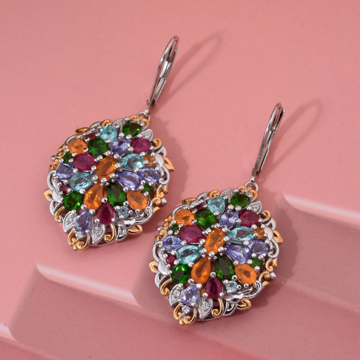 Multi Gemstone and White Zircon 7.40 ctw Floral Earrings in Vermeil YG and Rhodium Over Sterling Silver image number 1