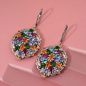 Multi Gemstone and White Zircon 7.40 ctw Floral Earrings in Vermeil YG and Rhodium Over Sterling Silver