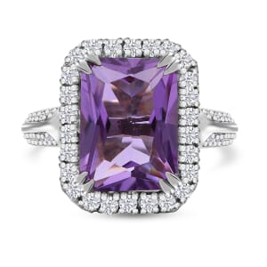AAA Rose De France Amethyst and White Zircon 7.30 ctw Ring in Rhodium Over Sterling Silver (Size 10.0)
