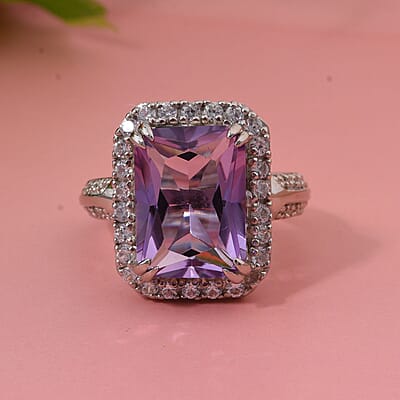 AAA Rose De France Amethyst and White Zircon 7.30 ctw Ring in Rhodium Over Sterling Silver (Size 10.0)