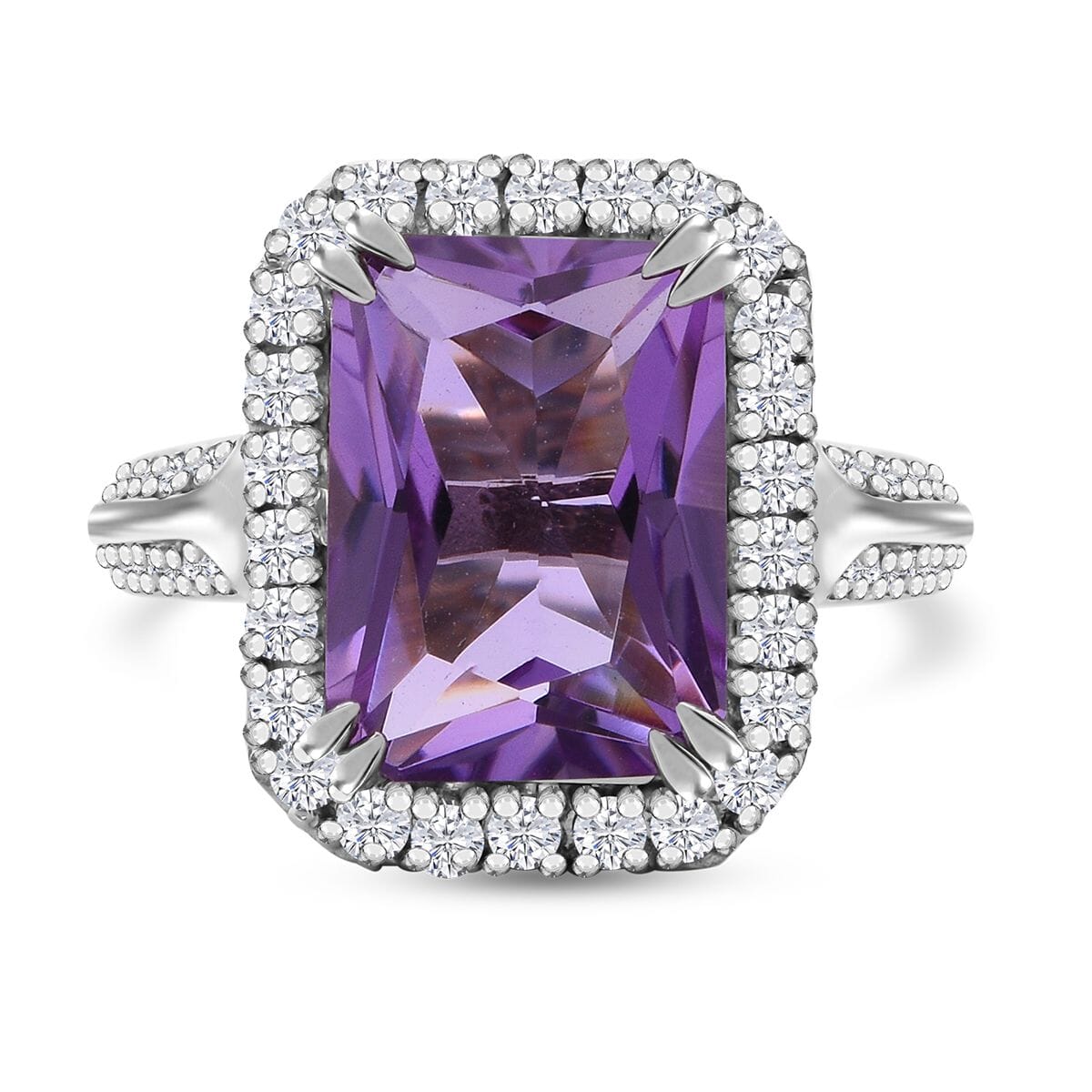 AAA Rose De France Amethyst and White Zircon 7.30 ctw Ring in Rhodium Over Sterling Silver (Size 8.0) image number 0