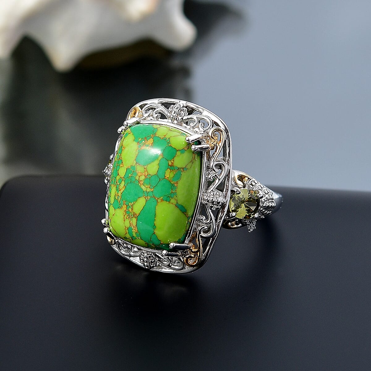 Karis Mojave Green Turquoise and Simulated Peridot 10.10 ctw Ring in 18K YG Plated and Platinum Bond (Size 10.0) image number 1