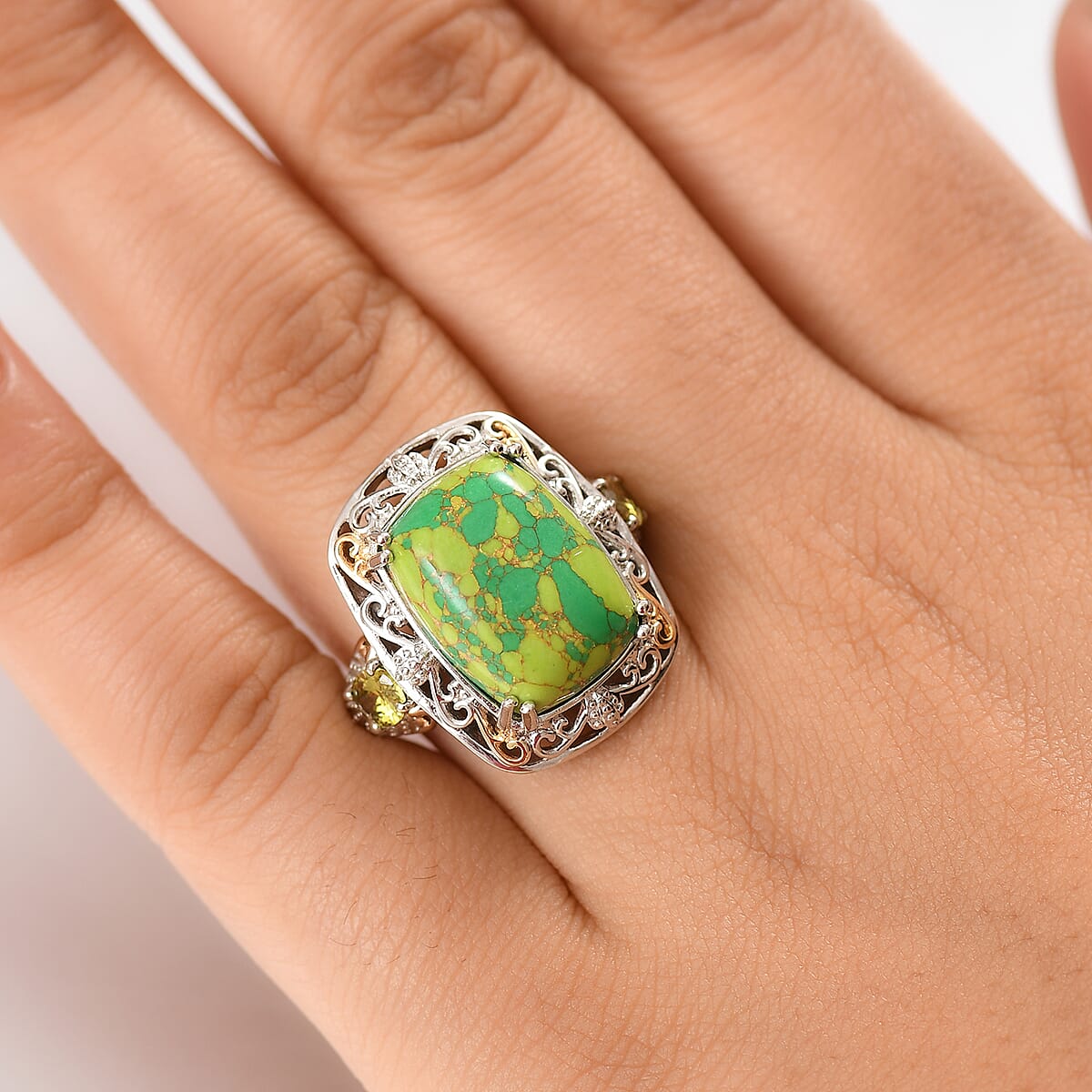 Karis Mojave Green Turquoise and Simulated Peridot 10.10 ctw Ring in 18K YG Plated and Platinum Bond (Size 10.0) image number 2