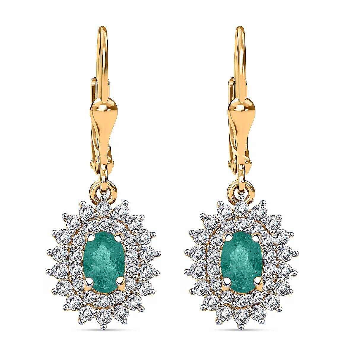 Kagem Zambian Emerald and Diamond 1.67 ctw Sunburst Earrings in 18K Vermeil Yellow Gold Over Sterling Silver