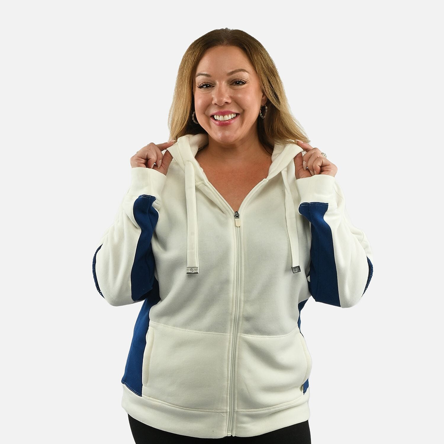 Max Studio Performance Cream and Blue Bella Fleece Hoodie - L
