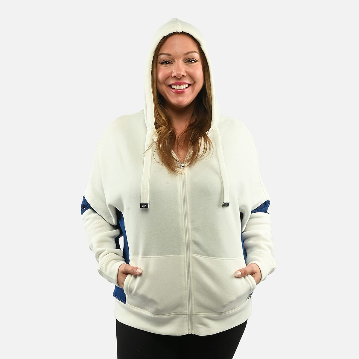 Max Studio Performance Cream and Blue Bella Fleece Hoodie - M image number 3