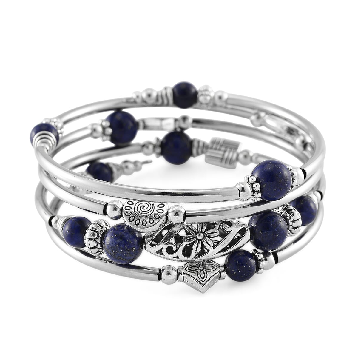 Lapis Lazuli Beaded 40 ctw Wrap Bracelet in Silvertone (6.5-7In) image number 0