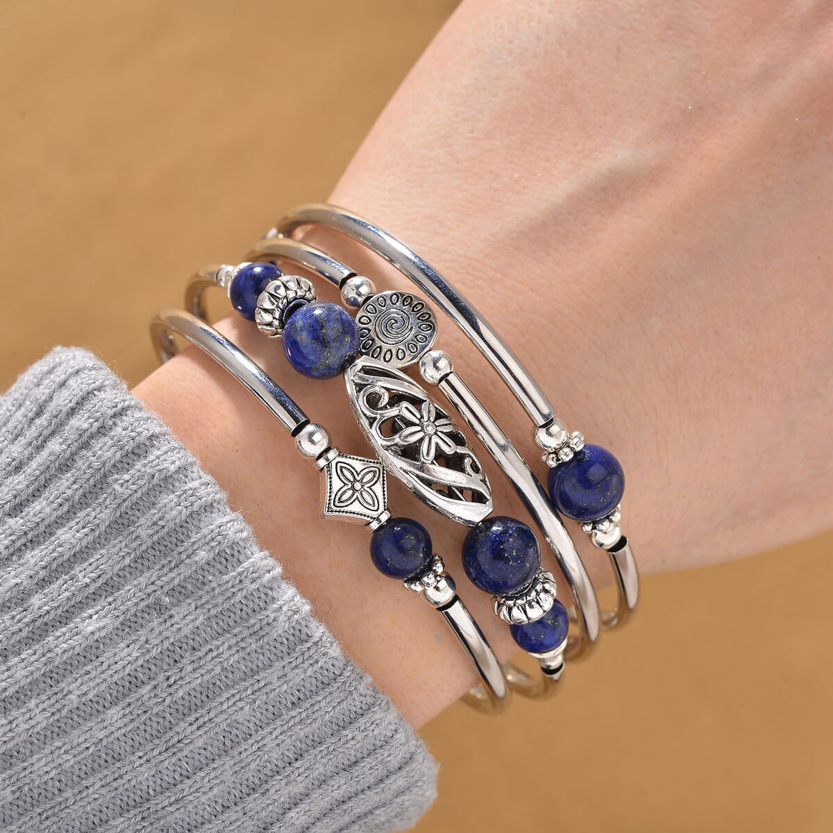 Lapis Lazuli Beaded 40 ctw Wrap Bracelet in Silvertone (6.5-7In) image number 1