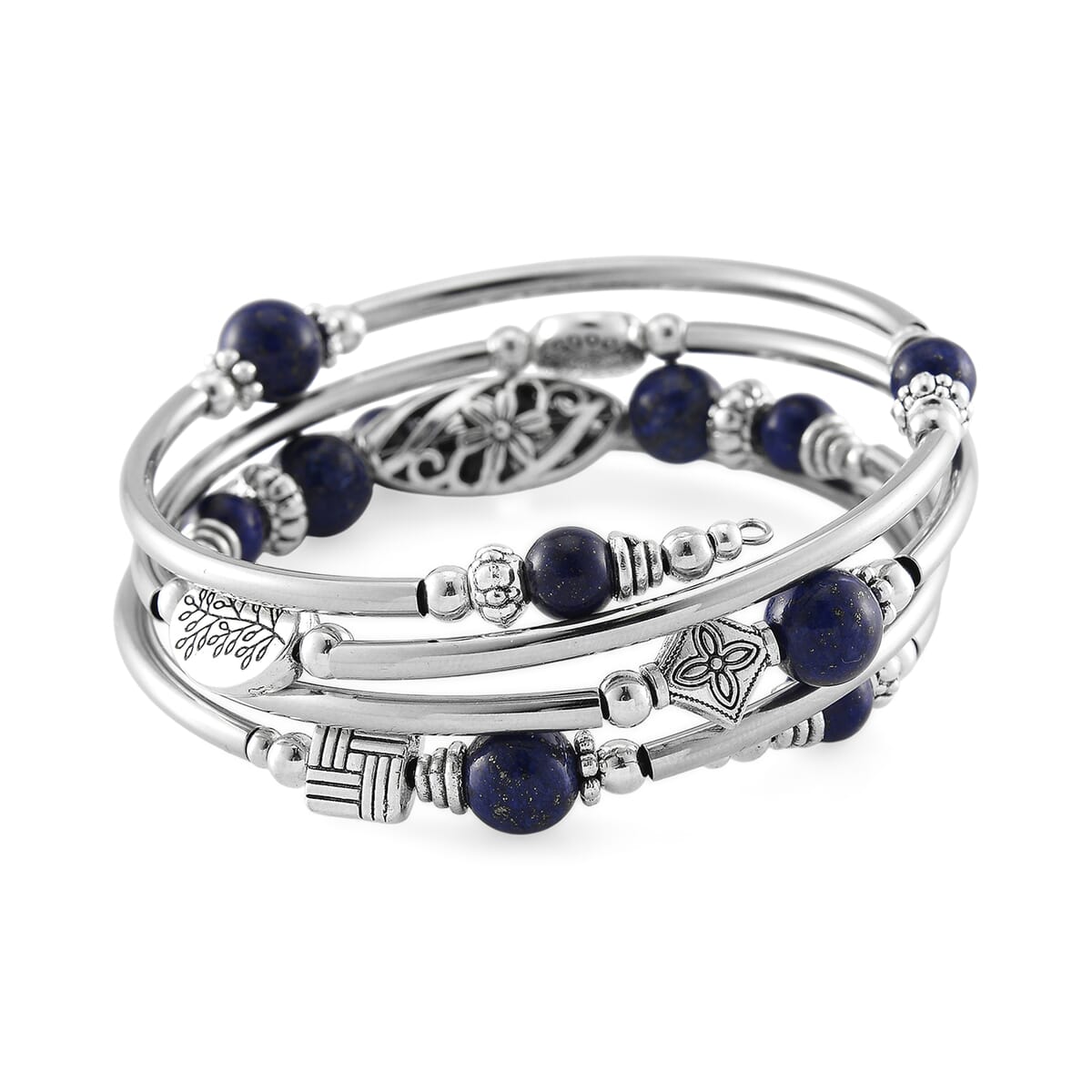 Lapis Lazuli Beaded 40 ctw Wrap Bracelet in Silvertone (6.5-7In) image number 3