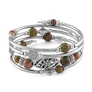 Unakite Beaded 40 ctw Wrap Bracelet in Silvertone (6.5-7In) 
