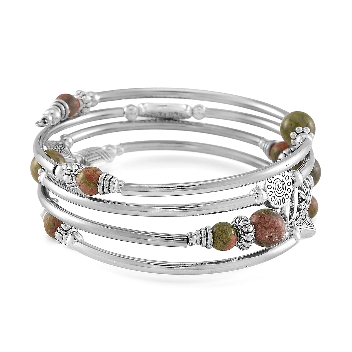 Unakite Beaded 40 ctw Wrap Bracelet in Silvertone (6.5-7In)  image number 2