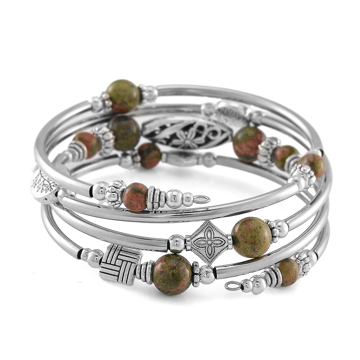 Unakite Beaded 40 ctw Wrap Bracelet in Silvertone (6.5-7In)  image number 3