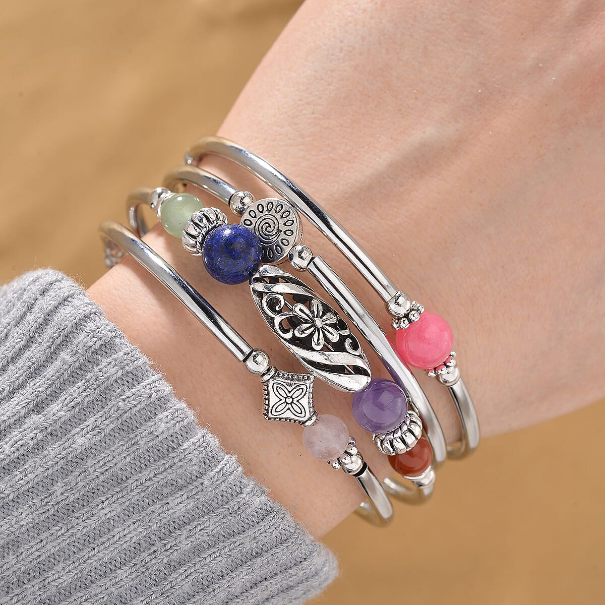 Multi Gemstone Beaded 40.00 ctw Wrap Bracelet in Silvertone (6.5-7In)  image number 1