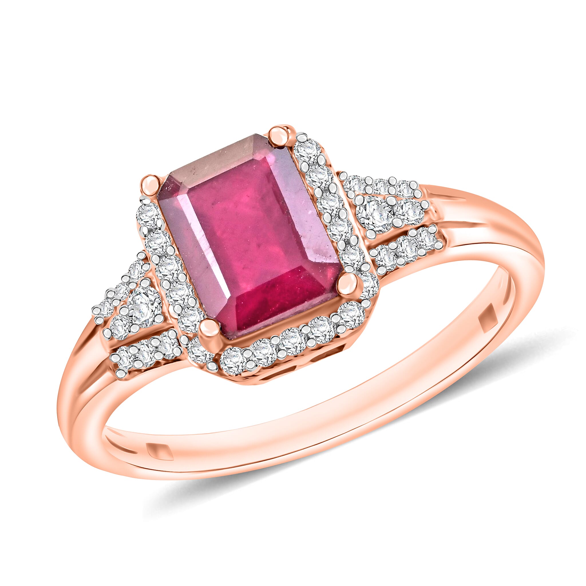 Niassa Ruby (FF)   10.0) and White Zircon 2.73 ctw Ring in 18K Vermeil Rose Gold Over Sterling Silver (Size 4.0) (Del. in 10-12 Days)
