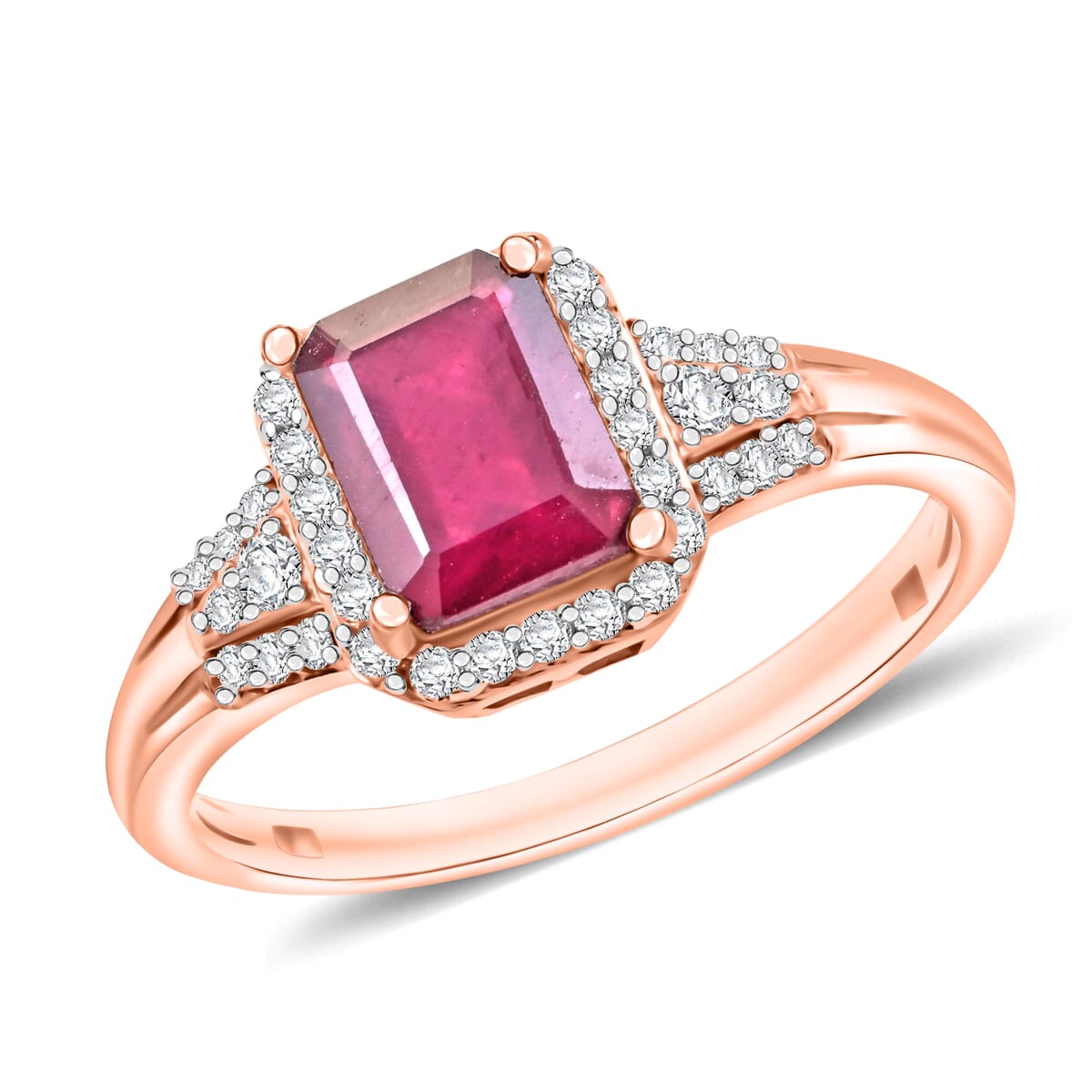 Niassa Ruby (FF)   11.0) and White Zircon 2.73 ctw Ring in 18K Vermeil Rose Gold Over Sterling Silver (Size 4.0) image number 0