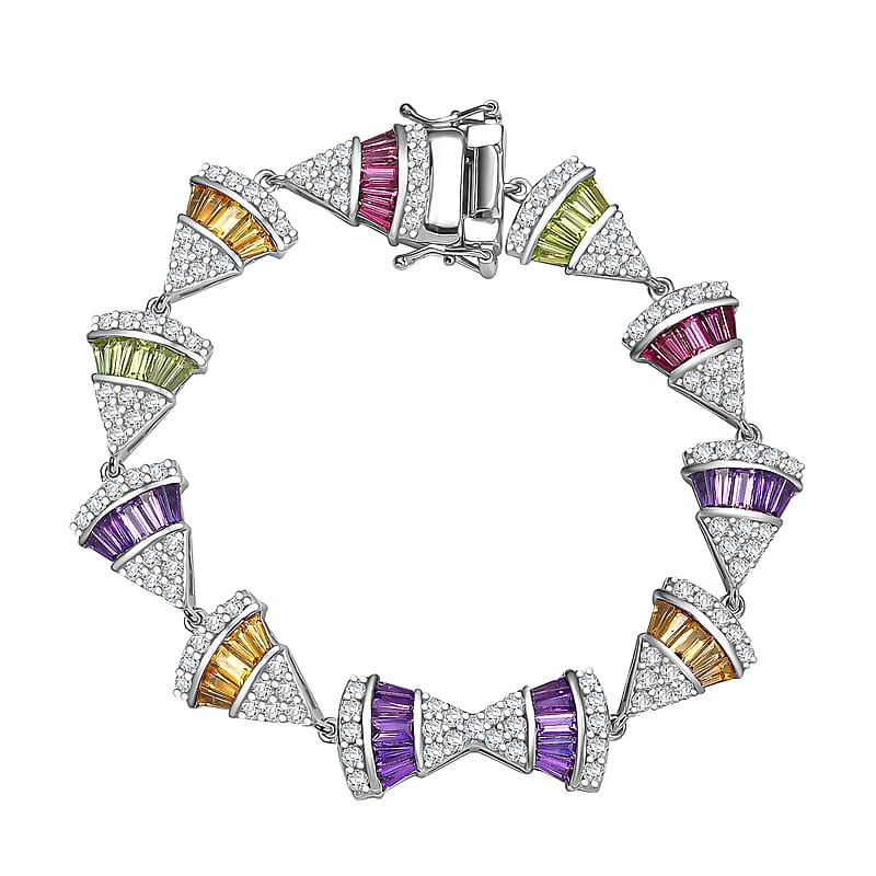 GP Royal Art Deco Collection Premium Orissa Rhodolite Garnet and Multi Gemstones 10.35 ctw Bracelet in Rhodium Over Sterling Silver (7.25 In)