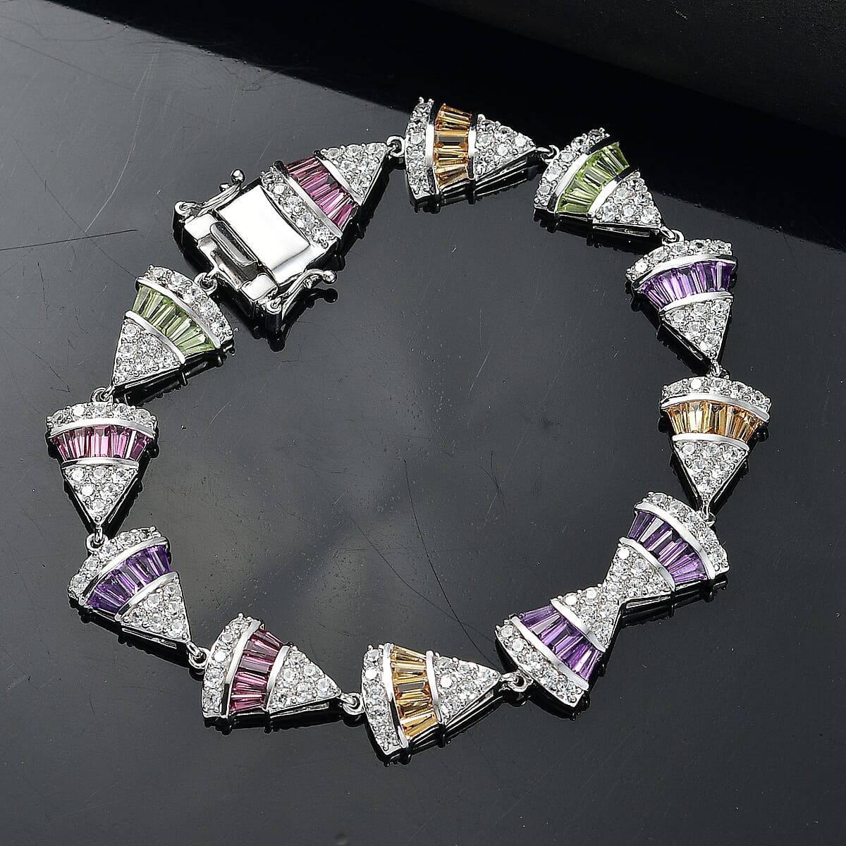 GP Royal Art Deco Collection Premium Orissa Rhodolite Garnet and Multi Gemstones 10.35 ctw Bracelet in Rhodium Over Sterling Silver (7.25 In) image number 1