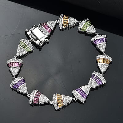 GP Royal Art Deco Collection Premium Orissa Rhodolite Garnet and Multi Gemstones 10.35 ctw Bracelet in Rhodium Over Sterling Silver (7.25 In)