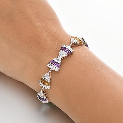 GP Royal Art Deco Collection Premium Orissa Rhodolite Garnet and Multi Gemstones 10.35 ctw Bracelet in Rhodium Over Sterling Silver (7.25 In)