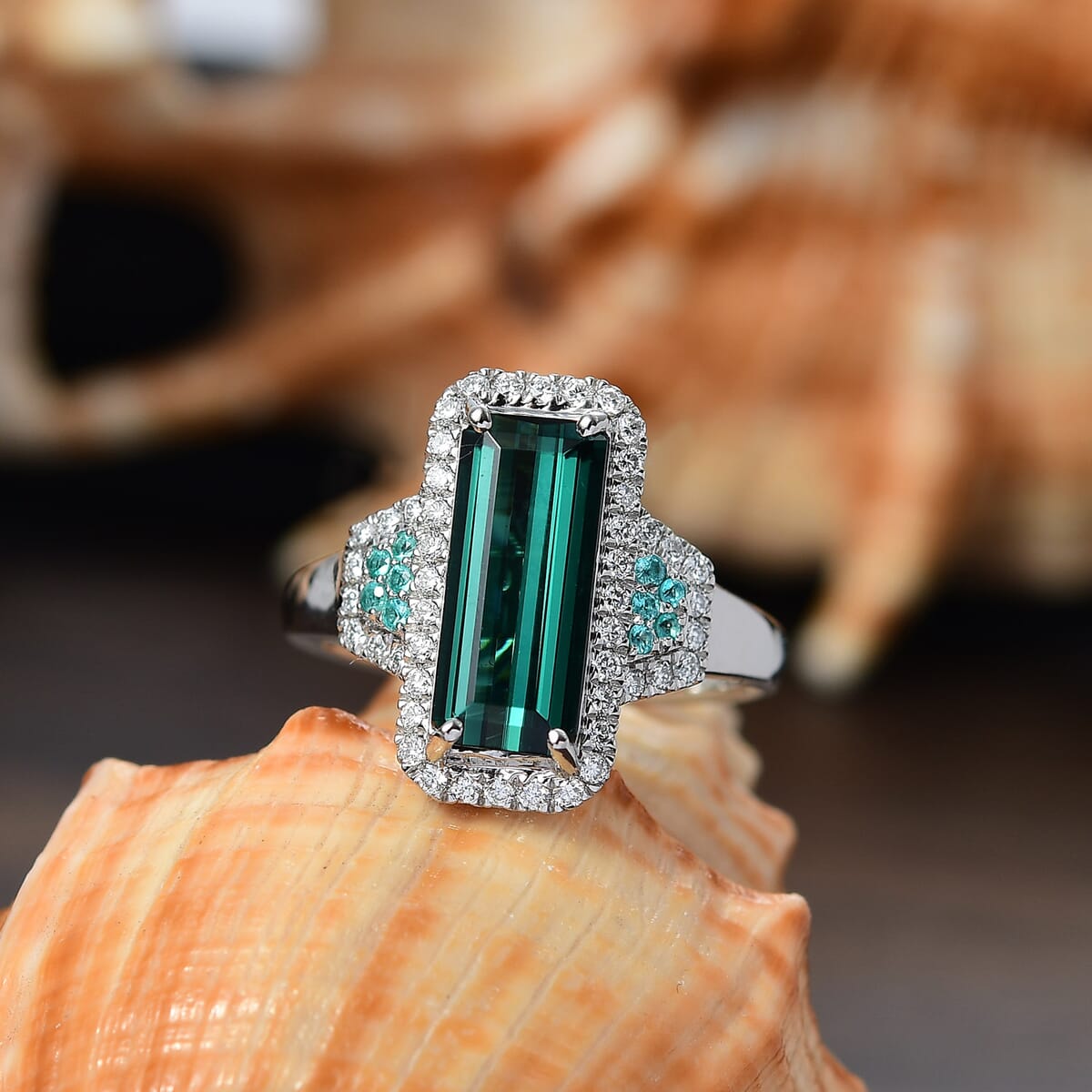 Certified & Appraised Rhapsody AAAA Monte Belo Indicolite, Paraiba Tourmaline and E-F VS2 Diamond 4.00 ctw Ring in 950 Platinum (Size 6.0) image number 1