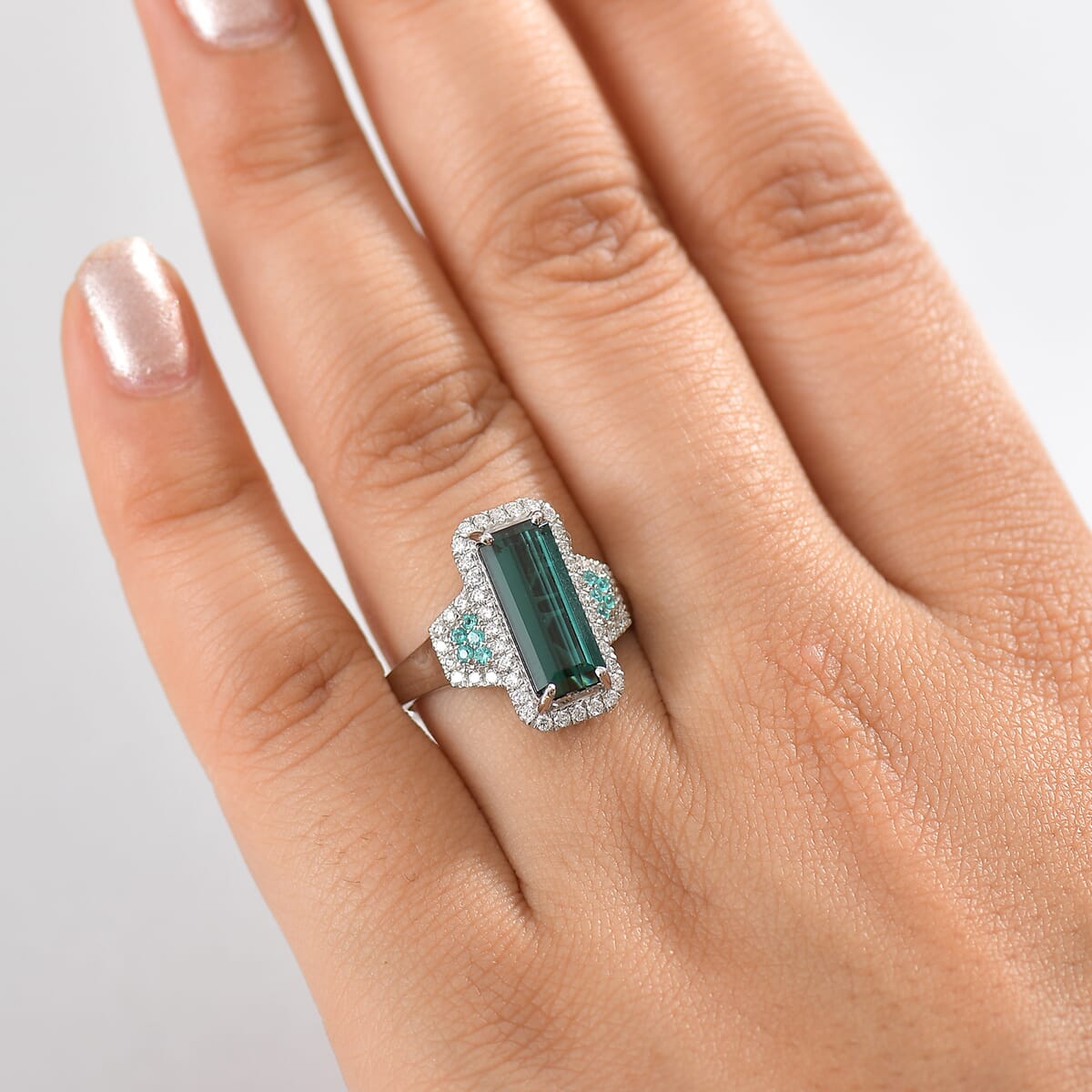 Certified & Appraised Rhapsody AAAA Monte Belo Indicolite, Paraiba Tourmaline and E-F VS2 Diamond 4.00 ctw Ring in 950 Platinum (Size 6.0) image number 2