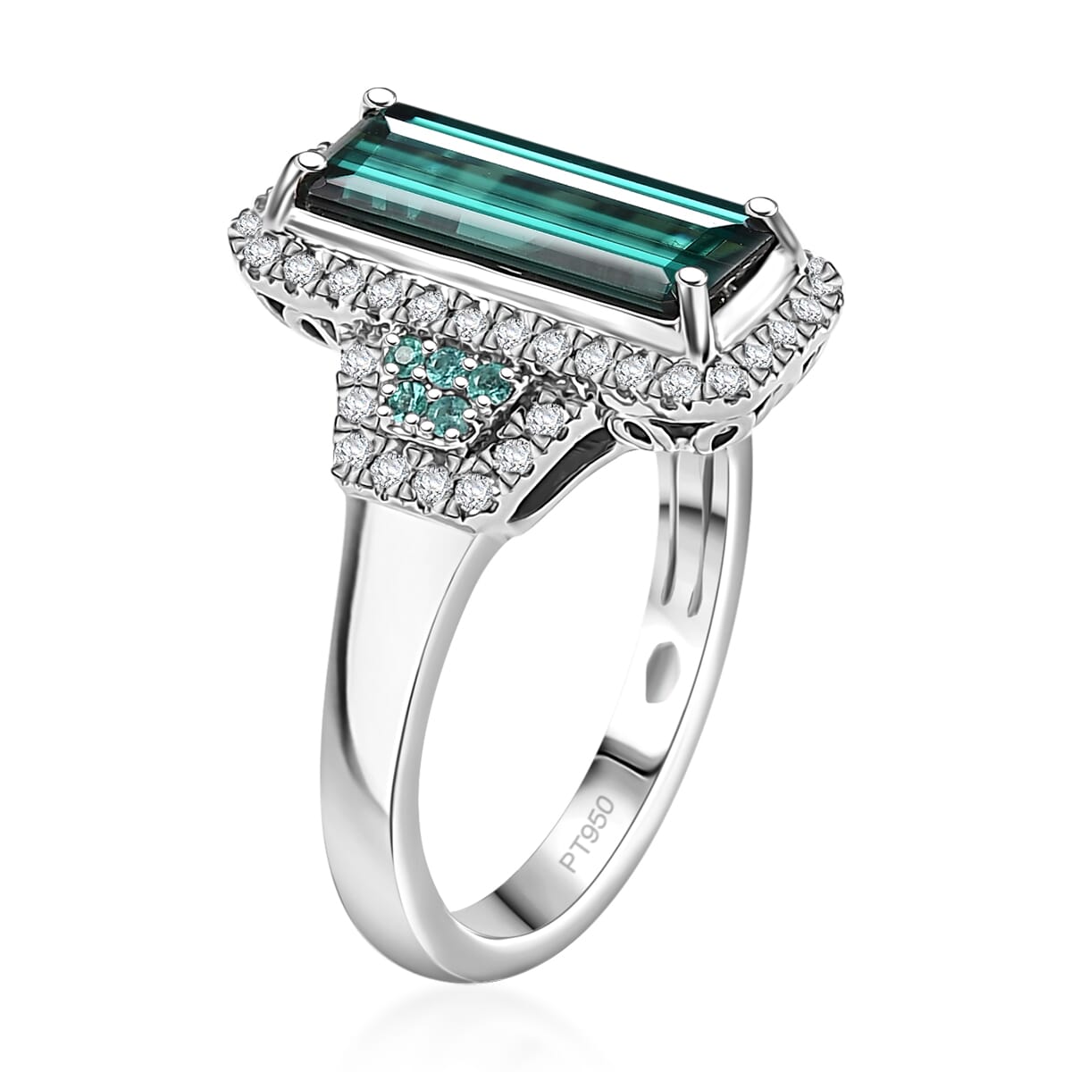 Certified & Appraised Rhapsody AAAA Monte Belo Indicolite, Paraiba Tourmaline and E-F VS2 Diamond 4.00 ctw Ring in 950 Platinum (Size 6.0) image number 3