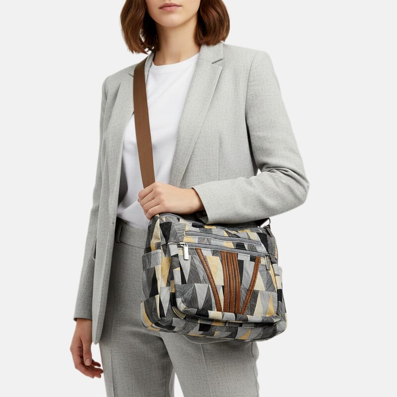 Multi Gray Faux Leather Shoulder Bag with Adjustable Strap
