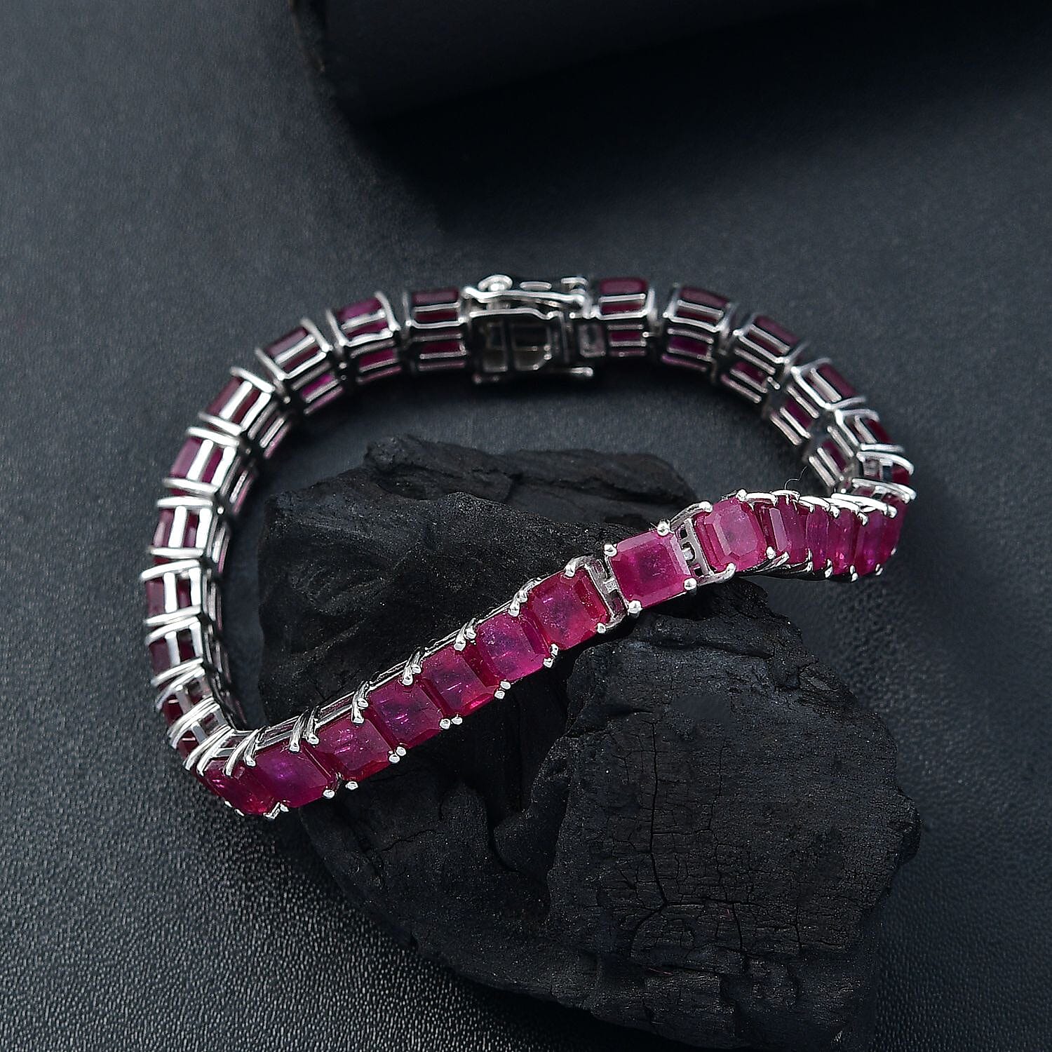 D'Joy Asscher Cut Niassa Ruby FF Regal Lineage 29.15 ctw Bracelet in Rhodium Over Sterling Silver (6.50 In)