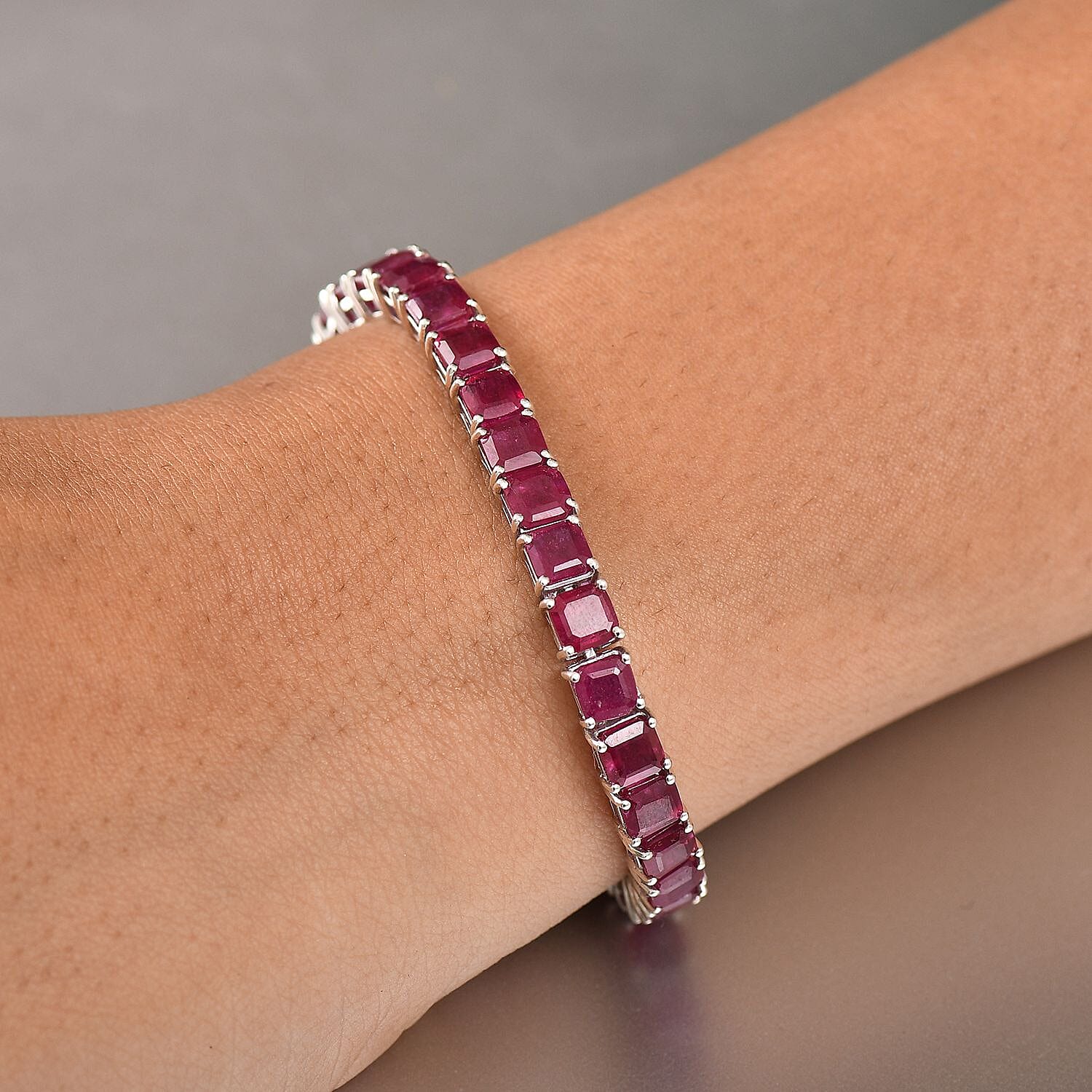 D'Joy Asscher Cut Niassa Ruby FF Regal Lineage 29.15 ctw Bracelet in Rhodium Over Sterling Silver (6.50 In)
