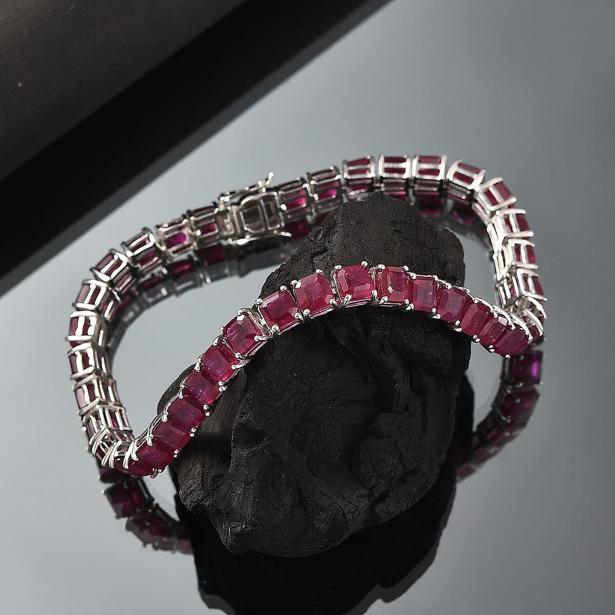 Asscher Cut Niassa Ruby (FF) 33.00 ctw Regal Lineage Bracelet in Rhodium Over Sterling Silver (7.25 In) image number 1