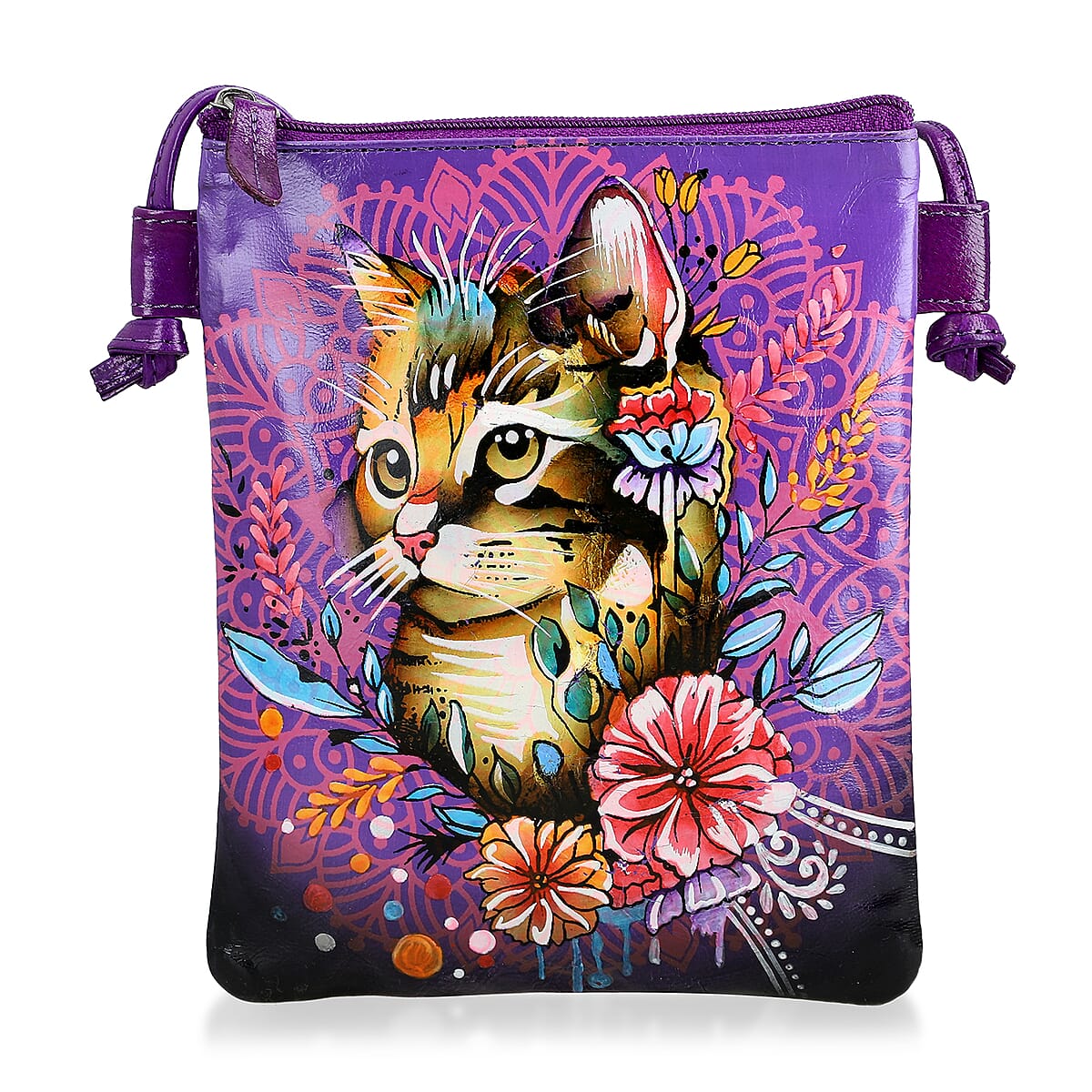 Vivid by Sukriti Blue Cat Pattern Hand Painted Genuine Leather Crossbody Bag image number 0